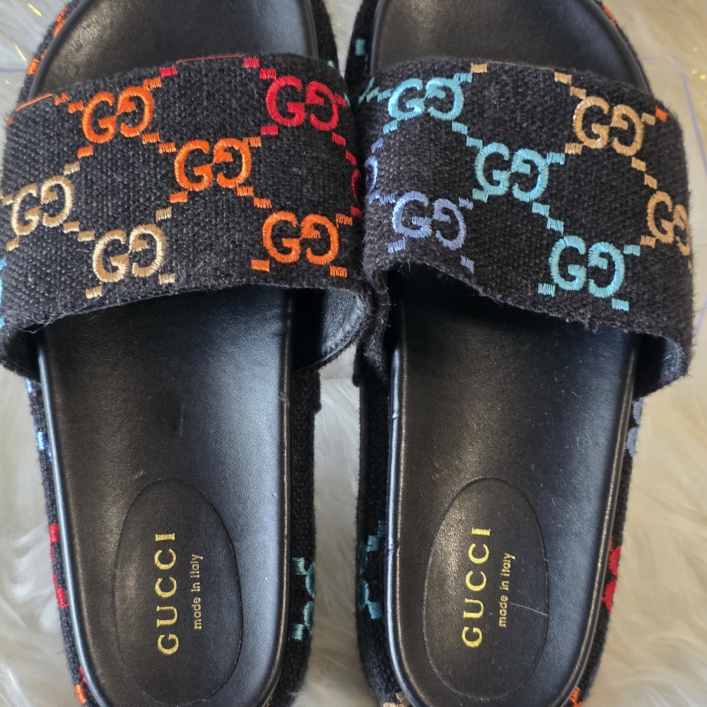 Gucci Black Slide Sandals with Multicolor Logo-Fits Size 7.5 To 8 WOMEN